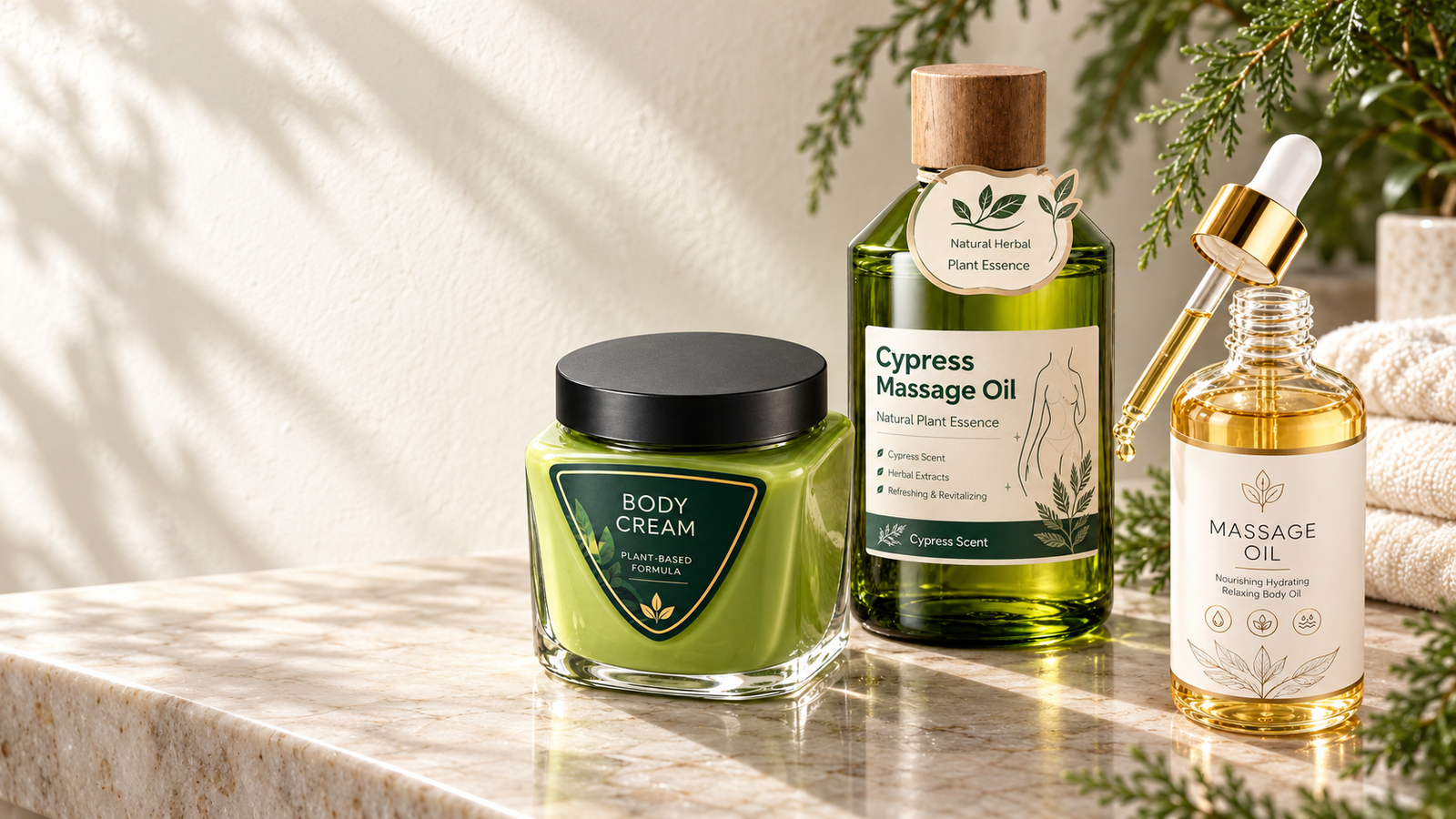 Body care products arranged with green leaves